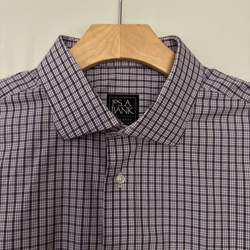 Jos A Bank Shirt Men 17.5-34 Executive Tailored Fit L/S Button Up Purple Plaid